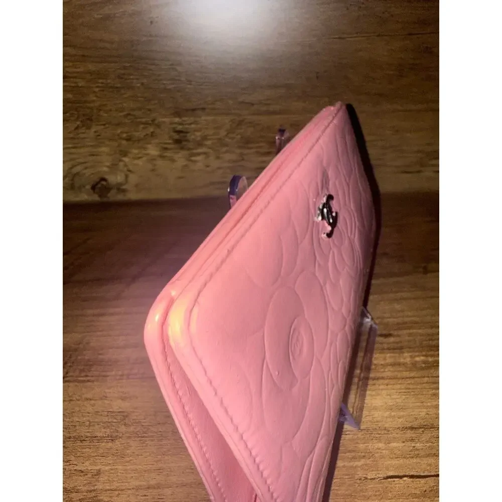 Chanel Camellia Embossed Pink Lambskin Long Yen Wallet professionally recolored